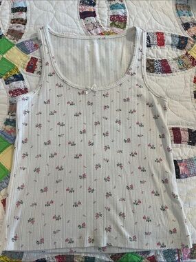 GAP Cream Small Ribbed Tank with Pink Floral Rose Print and Bow